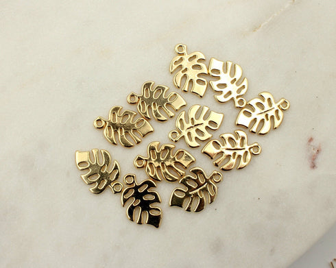 Shiny Gold Leaf Charms, Leaf Pendant, Tiny Leaf Charms, Gold Beads, Small Leaf Pendant, Gold Plated Findings, 19mm x 13mm, sold as 5 pieces.